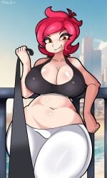 1girls 1nkdax bare_shoulders breasts cleavage large_breasts looking_at_viewer necktie necktie_pull original pink_hair pov pov_male shiny_skin short_hair sweatpants white_pants yellow_eyes yuri_(1nkdax)