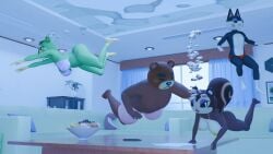 2boys 2girls animal_crossing bear big_breasts bikini blender breasts charlise_(animal_crossing) chubby daemont92 escape_room feline female male nintendo pecan_(animal_crossing) punchy_(animal_crossing) squirrel teddy_(animal_crossing) thick_thighs underwater voluptuous wide_hips