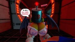 100acrew 1boy 1girls 2025 anthro bat_girl big_breasts blue_body blue_fur brainwashed breasts bucket_helmet chestplate chum_bucket chum_bucket_bucket_helmet dialogue drone female femboy grabbing grabbing_breasts hedgehog hedgehog_boy male mind_control mobian mobian_(species) pleasuring rouge_the_bat sega sfm sonic_(series) sonic_the_hedgehog sonic_the_hedgehog_(series) source_filmmaker speech_bubble standing