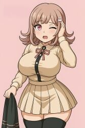 ai_generated big_breasts breasts danganronpa danganronpa_2:_goodbye_despair fat_tits hair_ornament hairclip high_school_student holding_jacket nanami_chiaki nice_tits not_porn pink_eyes pink_hair school_uniform skirt stockings teenage_girl teenager thick_thighs thighhighs tired