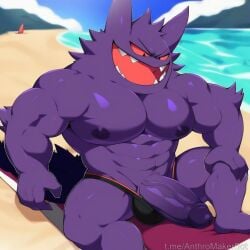 beach beach_background beach_towel big_penis evil_grin gengar huge_cock muscular ocean penis_out pokemon pokemon_(species) pokephilia proud_of_his_cock public public_exposure public_nudity