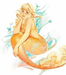 amonimy aqua_background blonde_hair female h2o:_just_add_water mermaid mermaid_girl mermaid_tail open_mouth orange_lips rikki_chadwick smile yellow_pupils yellow_scales yellow_tail