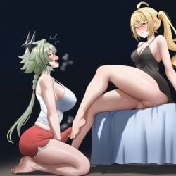 1futa 1girls ai_assisted ai_generated angry_expression ass bed big_ass big_breasts big_thighs birthday_suit blonde_female blonde_hair blush breasts caesar_king cleavage erection erection_under_clothes female foot_fetish footjob futa/female futa_on_female futanari gold_eyes green_hair hair_ornament hoyoverse intersex intersex/female long_hair luciana_de_montefio midriff ninixkyuu on_knees open_mouth penis ponytail red_eyes secretly_loves_it side_ponytail sitting sitting_on_bed size_difference steamy_penis teasing teasing_with_feet thighs visible_breath zenless_zone_zero
