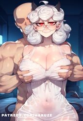 ai_generated ass bald bandage big_ass big_breasts big_butt big_thighs blush breasts demon demon_girl demon_horns demon_tail faceless_male female glasses grey_skin groping groping_breasts helltaker horns huge_ass huge_breasts huge_butt huge_thighs light-skinned_male light_skin lingerie male muscular muscular_male pale_skin pandemonica_(helltaker) red_eyes succubus wanuze white_hair white_lingerie wide_hips