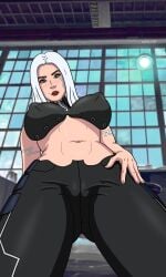 2025 artist_name big_breasts blue_eyes cameltoe clothed clothing eyelashes female female_focus female_only free_fire laboratory long_hair looking_at_viewer looking_down patito_zzero red_lipstick shaved_pussy smile smiling smiling_at_viewer sonia_(free_fire) white_hair