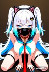 1girl adult ai_assisted ai_generated animal_ear_headphones anime_coloring anime_screencap beautiful blond blue_eyes blue_hair blue_nails blue_neckerchief cat_ear_headphones collar detailed_eyes gold_chain hair_down hair_ornament hands_between_legs illustration knees_apart large_breasts latex_mask leash_in_mouth looking_at_viewer looking_over_shoulder multicolored_hair nail_polish naked no_background nude on_knees red_collar seductive_face sexually_suggestive sexy_pose short_girl showing_ass skin_tight source_anime two_side_up very_long_hair white_hair