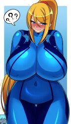 big_boobs big_breast big_breasts blonde blonde_female blonde_hair blonde_hair_female blue_eyes bodysuit breasts female female_only fully_clothed huge_breasts iriomote_umineko large_breast large_breasts long_hair metroid nintendo samus_aran shiny_clothes thick_thighs tight_clothing zero_suit zero_suit_samus