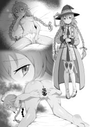 ahoge anus ass bar_censor bed_sheet boots bow bow_panties braid braided_twintails breasts censored clothes_on_and_off commentary_request completely_nude female greyscale hat holding holding_staff light_smile low_twintails lying mage_staff monochrome multiple_views mushoku_tensei nipples nude on_back panties po_(podi_mahattaya) pussy roxy_migurdia smile spread_pussy spreading_own_pussy staff standing sweat tears thigh_boots top-down_bottom-up topless_female twin_braids twintails underwear underwear_only witch_hat