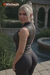 absurd_res ai ai_art ai_generated ass baldur's_gate baldur's_gate_3 bare_shoulders black_pants blonde_hair blurry blurry_background braid breasts elf elf_ears female from_behind grass green_eyes grin hi_res high_quality high_resolution highres jewelry larian_studios lips long_hair looking_at_viewer looking_back medium_breasts nose pants parted_lips patreon_logo pointy_ears ponytail shadowheart shadowheart_(baldur's_gate) sleeveless sleeveless_shirt smile solo sorceress teeth thighs tight_pants witches_ai