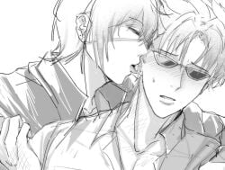 2boys blush class_3-z ear_licking ear_piercing ear_piercings eye_patch fully_clothed gay gintama kawakami_bansai licking licking_ear male male_focus male_only monochrome official_alternate_costume q_pz39 sketch sunglasses sweatdrop takasugi_shinsuke tongue_out upper_body yaoi