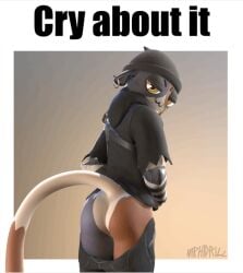 :3 animal_ears animal_nose anthro ass ass_shake beanie black_headwear black_pants black_shirt brown_fur cat_tail clapping_cheeks closed_mouth clothes_pull clothing earrings female fortnite from_behind fur furry furry_female grey_fur half-closed_eyes hat headgear headwear hood looking_at_viewer looking_back mammal meow_skulls_(fortnite) miphidrill multicolored_fur pants pants_pull shirt short_sleeves smile solo standing tail tail_raised topwear torn_clothes torn_pants two-tone_fur underwear white_fur yellow_eyes