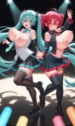 2girls ai_generated blue_hair breasts_out dancing drill_hair glowstick hatsune_miku kasane_teto kosine1777 large_breasts nipples on_stage performance public public_nudity red_hair skirt stockings synthesizer_v tie twin_drills twintails uniform utau vocaloid