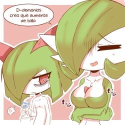 1:1 akatosh_el_shota_furro angry beverage beverage_carton big_breasts breast_envy breasts carton container cross-popping_vein crushed_container crushed_object crushing_object describing_breasts describing_self describing_size dialogue duo eye_bags female flat_chested fluff_(sound_effect) gardevoir generation_3_pokemon gloom_lines green_body green_hair hair holding_beverage holding_carton holding_container holding_object huge_breasts iconography japanese_text juice_box kirlia nintendo not_furry onomatopoeia pokemon pokemon_(species) polygonal_speech_bubble sound_effects spanish_text speech_bubble stuttering text translated