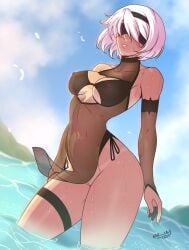 1girls accidart blindfold fit_female goddess_of_victory:_nikke high_resolution nier:_automata nier_(series) self_upload solo square_enix summer swimsuit tanline toned twitter_username visible_nipples visible_pussy wet wet_body wet_skin white_hair yorha_2b