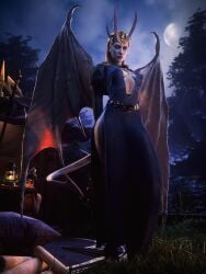 2025 2girls 3d 3d_(artwork) athletic athletic_female baldur's_gate baldur's_gate_3 balls big_penis blender breasts cleavage demon demon_girl demon_horns detailed_background dress elf elf_ears elf_female fantasy female female_focus female_only grey_body grey_skin hi_res highres looking_at_viewer medium_breasts mizora pastelhole pose posing presenting shadowheart shadowheart_(baldur's_gate) showing_off thick_thighs viewed_from_below watermark