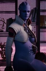 1girls 3d akikosdream alien aria_t'loak asari belly big_belly big_breasts bioware blue_skin bottomless breasts female hand_on_belly mass_effect pregnant solo underboob