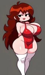 1girl :d ai_generated arms_behind_back auburn_hair big_ass black_eyes busty clothed demon_girl dress dumb dumb_girl eyelashes female femals friday_night_funkin girlfriend_(friday_night_funkin) grey_background large_breasts long_sleeves messy_hair mob_face pixai red_dress short_dress shortstack simple_background solo thick_thighs thighhighs tight_clothing white_thighhighs