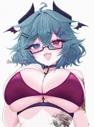 aruna_reaver bikini blue_eyes chains collar glasses green_hair heterochromia looking_at_viewer red_eyes short_hair tattoo white_background zxcsque
