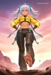 1girl ai_assisted ai_generated barefeet belt big_feet black_pants dark_skin dirty_feet from_below full_body hands_on_hips long_sleeves long_toes looking_at_viewer navel official_art official_style presenting_foot sole_focus standing standing_on_one_leg stinky_feet sweaty_feet twintails yellow_jacket