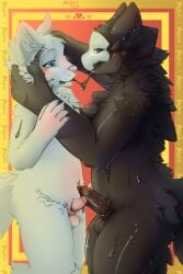 2024 after_kiss animal_genitalia anthro artist_name balls biped black_balls black_body black_fur black_saliva black_sclera black_tongue blue_eyes blush bodily_fluids canid canine canine_genitalia canis changed_(video_game) claws colored_saliva dated digital_media_(artwork) duo erection fur gender_symbol genitals geometric_background goo_creature goo_drip goo_string heart_symbol hi_res holding_another's_head kalystri licking licking_lips lin_(changed) looking_at_another looking_at_partner love male male/male male/male_symbol male_anthro male_symbol mammal mask navel nude nude_anthro nude_male paws penile penis penises_crossing penises_touching puro_(changed) romantic romantic_couple saliva saliva_string sexuality_symbol sheath simple_background standing symbol tail text tongue tongue_out unusual_bodily_fluids unusual_saliva vein veiny_penis wearing_mask white_balls white_body white_eyes white_fur wolf