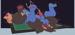 abstract_background ahe_gao ambiguous_gender anal anal_orgasm anal_sex animal_genitalia anus ass balls big_butt blue_body blue_fur bodily_fluids cum cumshot dialogue dildo disembodied_hand drooling duo ejaculation erection feral fur generation_2_pokemon generation_4_pokemon genital_fluids genitals grey_body grey_fur hands-free hi_res jekerela looking_pleasured luxray lying male nintendo nude on_back onomatopoeia orgasm penetration penis pokemon pokemon_(species) rug saliva sex sex_toy shaking sheath smeargle sound_effects swallow_(jekerela) tan_body tan_fur text three-quarter_view transparent_dildo transparent_sex_toy