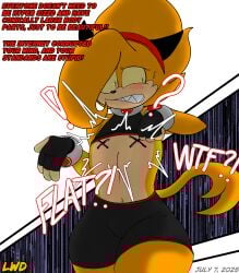 accessories alien anthro black_ears blush bottom_heavy clothed clothing crop_top dialogue embarassed_female embarrassed fangs female female_only fingerless_gloves flat_chest flat_chested frowning fully_clothed hair_accessory hair_over_one_eye lifting_clothing lifting_own_clothes lifting_shirt looking_away lwd_cartoonz multicolored_fur nipple_pasties orange_fur pasties sabrina_fang shirt_lift shirt_up short_shorts shorts spiky_hair sweatdrop tail thick thick_legs thick_thighs tight_clothing yellow_eyes