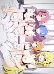 4girls apron big_breasts blonde_hair blue_eyes blue_hair frederica_baumann green_eyes large_breasts long_hair maid maid_headdress maid_uniform mini_apron na-kun orange_hair petra_leyte pink_eyes pink_hair ram_(re:zero) re:zero_kara_hajimeru_isekai_seikatsu rem_(re:zero) short_hair small_breasts young young_girl