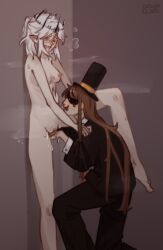2girls brown_hair eyepatch female female_only fingering fingering_pussy hat long_hair mineshield naked naked_female pussy pwgood rule_63 sanhez sweating tagme top_hat white_hair yellow_eyes