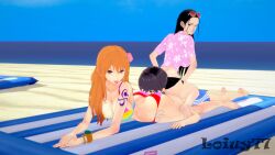 1boy 2girls 2girls1boy anime anime_girl beach black_hair facesit facesitting femdom koikatsu loiuy77 nami_(one_piece) nico_robin one_piece one_piece_swimsuit orange_hair smothering smothering_ass summer swimsuit