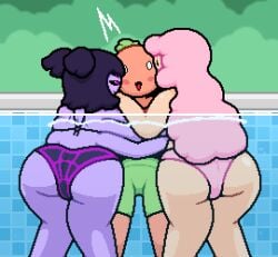 2girls 2girls1boy anthro big_ass bikini black_hair black_sclera blush blushing bubble_butt butt happy holding holding_partner mia_(okami_tomato) muffet pink_bikini pink_hair pool purple_body purple_eyes purple_skin red_body red_skin spider spider_girl spider_web_bikini spider_web_print surprised surprised_expression surprised_face swimming_pool swimming_trunks tomato tomato_(okami_tomato) undertale undertale_(series) water zxtomatofan