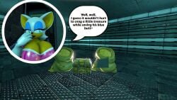 100acrew 1girls 2025 anthro bat_girl breasts chestplate dialogue female female_only gold_(metal) gold_jewelry hand_on_mouth looking_ahead mobian mobian_(species) rouge_the_bat sega sfm sonic_(series) sonic_the_hedgehog_(series) source_filmmaker speech_bubble standing treasure treasure_chest white_hair