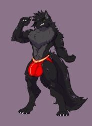 absurd_res amaranthnymph anthro arm_tuft big_bulge black_body black_fur bulge canid canine canis claws clothing crotch_tuft detailed_bulge digitigrade dire_wolf ear_piercing elbow_tuft erich_fromm fluffy fluffy_chest fur green_eyes grey_body grey_fur hair hi_res huge_bulge industrial_piercing jockstrap long_hair male mammal muscular muscular_anthro muscular_male mythological_canine mythological_creature mythology neck_tuft piercing prehistoric_species red_clothing red_jockstrap red_underwear smile smiling_at_viewer solo stretched_clothing tail tuft underwear werecanid werecanine werecreature werewolf wolf