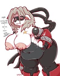 2025 anthro areola bandai_namco belly big_areola big_breasts bijou. boots bottomwear breasts clothing cybernetic_arm cybernetic_limb deep_navel digimon digimon_(species) digimon_beatbreak english_text female footwear grey_hair hair hi_res huge_breasts mask mechanical_arm navel nipples overweight overweight_anthro overweight_female pants red_eyes shoes solo star text thick_thighs wolvermon