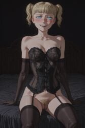 1girls ai_generated bed_sheet berserk blonde_pubic_hair blue_eyes blush bustier elbow_gloves farnese female garter_straps indoors lingerie looking_at_viewer medium_breasts night nude nude_female open_mouth phantom-art pubic_hair pussy sitting solo stockings teeth thighhighs