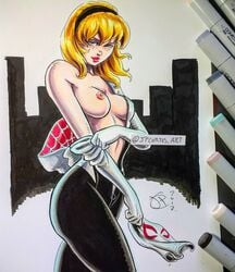 1girls 2017 blonde_hair blue_eyes breasts female female_only gwen_stacy hairband jpcortes marvel marvel_comics nipples nude nudity photo_(medium) solo spider-gwen spider-man_(series) traditional_media_(artwork) undressing