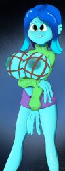 blue_hair breasts female large_breasts monster_girl penis solo sweater