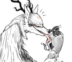 2018 anthro antlers beast_(bloodborne) black_and_white_and_red blindfold bloodborne blush bottomless canine clothed clothing duo fellatio fromsoftware hat heart holding_character horn human hunter_(bloodborne) licking licking_penis male mammal nobby_(artist) oral penis penis_lick restricted_palette sex size_difference sony_corporation sony_interactive_entertainment straight sweat sweatdrop tongue tongue_out underwear underwear_around_one_leg vicar_amelia wholesome