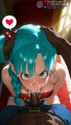 1boy 1girls :>= ai_generated angry aqua_hair bare_shoulders belt blue_eyes blue_hair blush braid breasts bulma_briefs censored cum cum_in_mouth cum_on_hair dark-skinned_male dark_penis dark_skin deepthroat dragon_ball dragon_ball_super dragon_ball_z ejaculation erection facial fellatio from_above glaring hair_bobbles hair_ornament hands_on_another's_head head_grab heart indoors interracial irrumatio kneeling large_penis long_hair looking_at_viewer male_pubic_hair medium_breasts meitabuu oral patreon_logo patreon_username penis pov pov_crotch pubic_hair short_shorts shorts single_braid small_breasts solo_focus spoken_heart straight strapless sweat trembling tube_top uncensored veins veiny_penis very_dark_skin