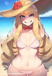 ai_generated azur_lane big_ass big_butt big_thighs bikini blue_eyes blush brown_hair crown drill_hair huge_ass huge_butt huge_thighs mini_crown queen_elizabeth_(azur_lane) small_breasts wanuze white_bikini wide_hips