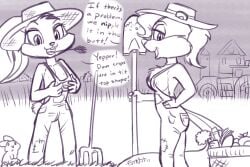 2017 anthro babs_bunny basket breasts buckteeth carrot clothed clothing clothing_pull container dialogue english_text farm farmer female feral fifi_la_fume flat_chest food furnut group hat head_tuft headgear headwear hi_res holding_object holding_shovel holding_tool humor lagomorph leporid looking_at_viewer male mammal mephitid monochrome nipple_slip nipples open_mouth outside overalls overalls_only partially_clothed pitchfork plant pun rabbit scut_tail short_tail shovel skunk smile speech_bubble standing straw_hat straw_in_mouth tail teeth text tiny_toon_adventures tongue tools trio tuft vegetable warner_brothers