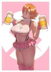 1girls areola_slip areolae bare_shoulders beer big_breasts breasts cleavage crotchless_clothes cutout female female_only fingerless_gloves green_eyes halter_top halterneck highres microskirt miniskirt nipple_piercing nipples nipples_visible_through_clothing nora_valkyrie orange_hair piercing pinup prinzkuon pussy rwby short_hair skirt solo stockings suspenders sweat underboob voluptuous wet_clothes