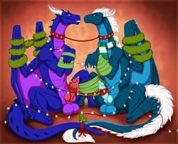 2_horns 4_toes balls bedroom_eyes bodily_fluids bondage bondage bound christmas claws collar cum cum_drip digital_drawing_(artwork) digital_media_(artwork) dragon dripping duo erection feet feral festive genital_fluids genitals holidays horn knot kyra_(kyrathedragon) male male/male mistletoe mistletoe_on_tail mythological_creature mythological_scalie mythology narrowed_eyes paws penis plant precum scalie scarf seductive silvergrin smile spread_legs spreading tail toe_claws toes tundra_(sir_chandestroy) wings zetsin