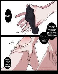 2girls absurdres black_border black_panties border commentary english_text hand_on_another's_thigh highres multiple_girls original panties pussy_juice pussy_juice_on_fingers speech_bubble sweat tsukuyo_90929 underwear yuri