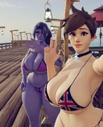 3d 3d_(artwork) annoyed beach beach_background bikini bikini_top blender blender_(artwork) blender_(software) blender_cycles blizzard_entertainment british british_female duo happy hiding_face huge_breasts looking_at_viewer overwatch peace_sign purple_body purple_hair scrag_boy self_upload selfie_pose smiling_at_viewer thick_legs thick_thighs tight_bottomwear tight_clothing tracer video_game_character video_games voluptuous voluptuous_female widowmaker yaboitoxicfrank