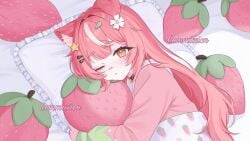long_hair pajamas pink_hair sleepy strawberry vtuber yellow_eyes zxcsque