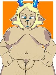3:4 anthro antlers big_breasts blonde_hair blue_eyes breasts carol_holiday deer deltarune digital_media_(artwork) female fur genitals hair hi_res horn lipstick looking_at_viewer makeup mammal mature_female nipples nude pubes simple_background solo stretch_marks susfortressa undertale_(series)