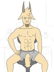 1boy abs anthro big_penis boxers_(clothing) caprine cartoon_network chair clothing computer cum cum_drip desk front_view fur goat grey_underwear half-erect hand_on_thigh humanoid_penis looking_at_viewer luigiman male male_only mammal office_chair partially_clothed penis penis_through_fly poking_out pose precum precum_string regular_show simple_background sitting smile smirk solo thick_penis thomas_(regular_show) topless uncut underwear vein