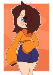 blue_eyes brown_hair clothed mandoy1o1 original safe silly thick_thighs womandoy_(mandoy1o1)