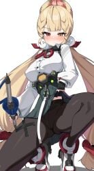 1girls alice_thymefield animal_ears black_skirt blonde_hair blush breasts embarassed female fingerless_gloves gloves heterochromia highres large_breasts lifting_skirt long_hair orange_eyes pantyhose red_eyes shirt skirt squatting sweat wak_kun white_shirt zenless_zone_zero