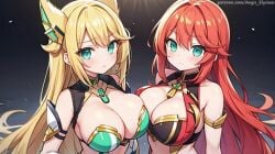 2girls aegis_elysium ai_art ai_generated armor blonde_hair blush blushing_at_viewer breasts building cleavage dress earrings female female_focus gem gloves green_eyes hair_ornament headpiece highres huge_breasts indoors jewelry large_breasts light long_hair looking_at_viewer navel night night_sky original original_character patreon patreon_username princess red_hair room skindentation sky solo solo_focus starry_sky stars table thick thick_breasts tiara very_long_hair window windows
